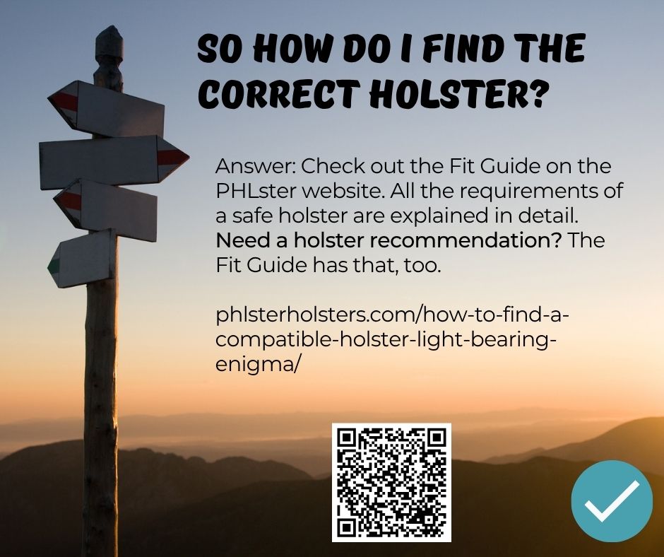 Infographic directing people to the Fit Guide to find a safe holster for their Enigma model.