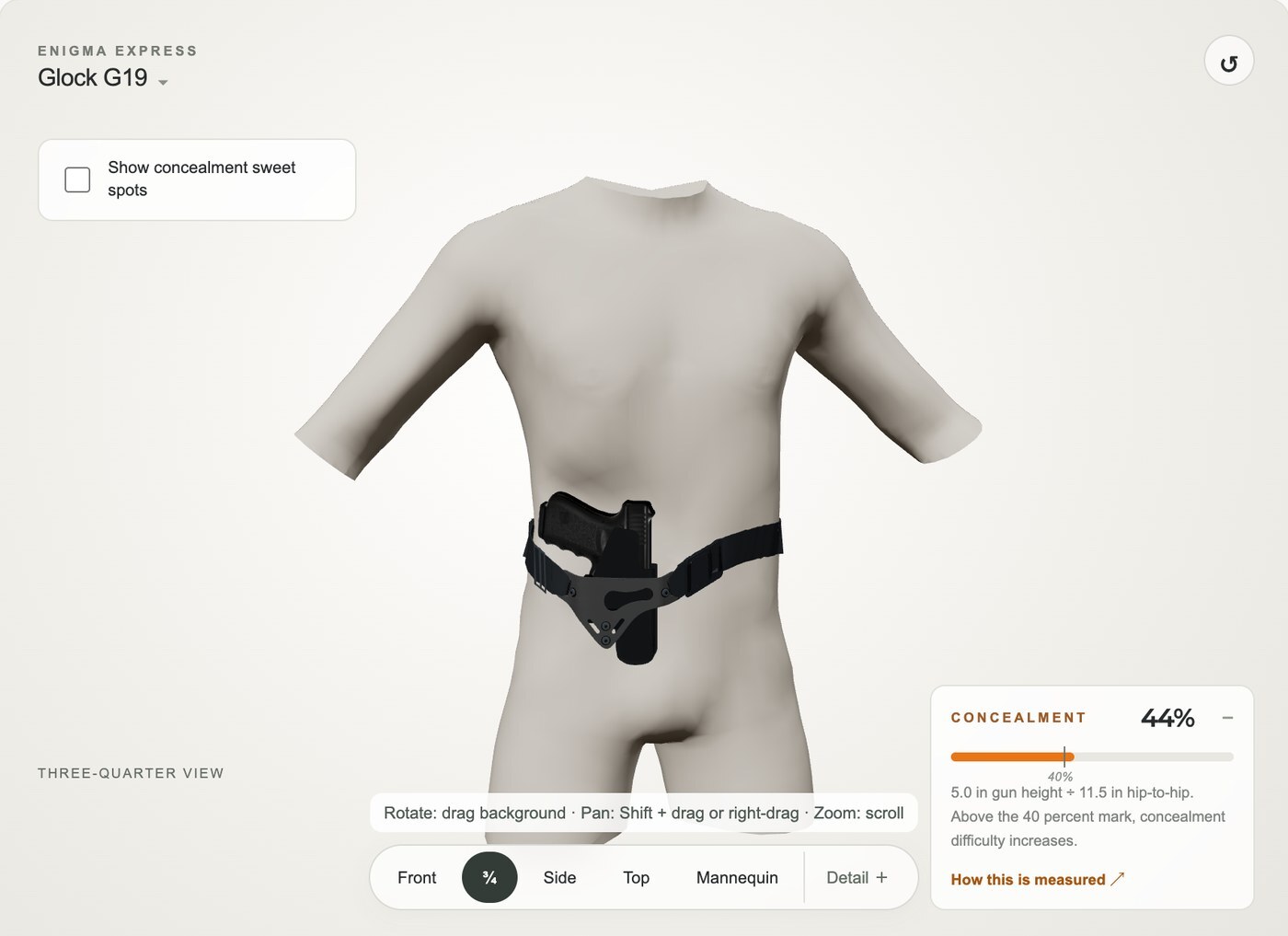 The Enigma Virtual Try-On tool showing an Enigma Express with a Glock 19 on an adjustable 3D body, three-quarter view