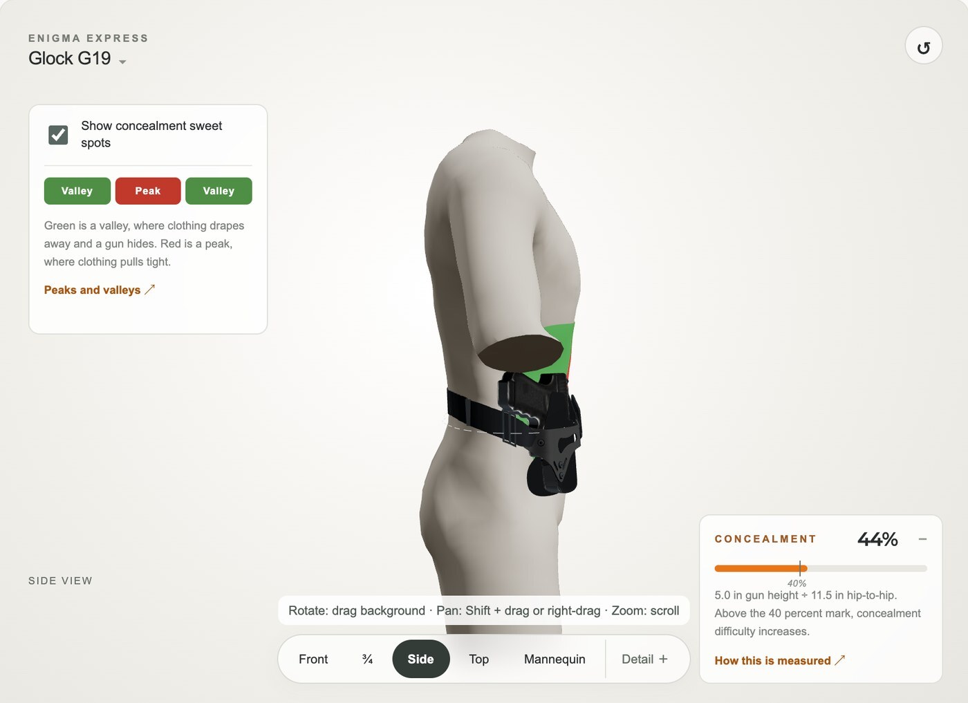 Side view in the Enigma Virtual Try-On showing how the wedge tucks the grip of a Glock 19 in an Enigma Express toward the body