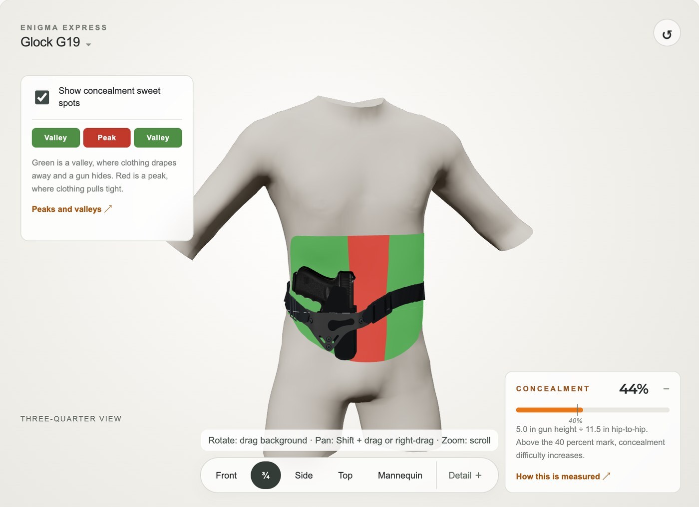 Concealment Sweet Spot overlay in the Enigma Virtual Try-On: green valleys where clothing drapes and red peaks where it pulls tight, with the Concealment Percentage readout