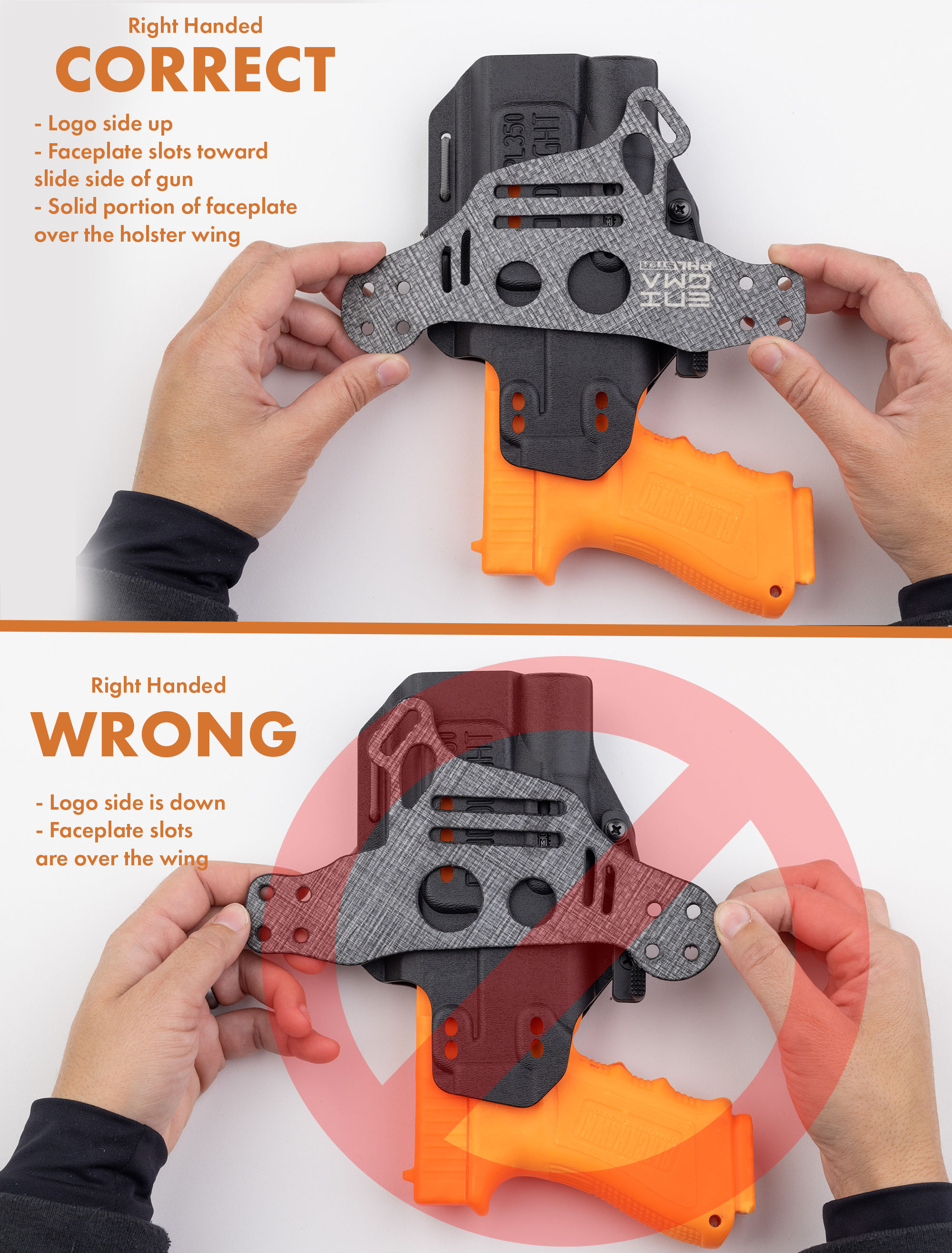 Photo comparison of correct vs incorrect faceplate orientation.