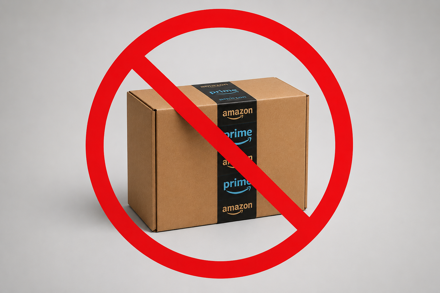 An Amazon Prime shipping box with a red prohibition symbol over it, illustrating why PHLster doesn't sell on Amazon