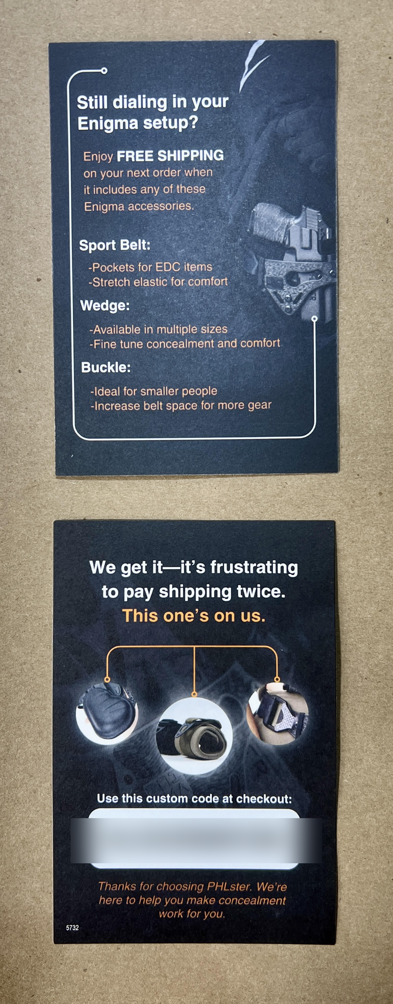The two information cards inside every PHLster box: one introduces Enigma accessories with free shipping, the other is a personal free-shipping coupon code for the customer's next order