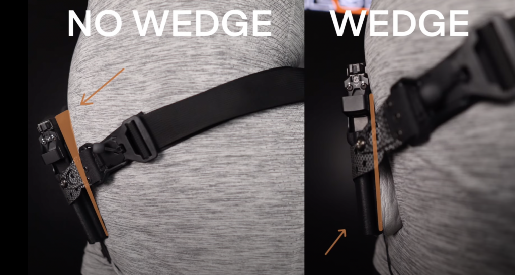 Photo comparison of curvy woman with and without holster wedge.