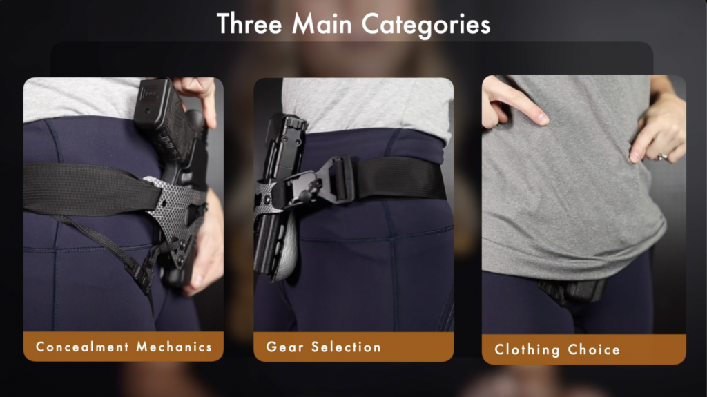 Category graphic with the three main solutions to muzzle printing: concealment mechanics, holster selection, and clothing choice.