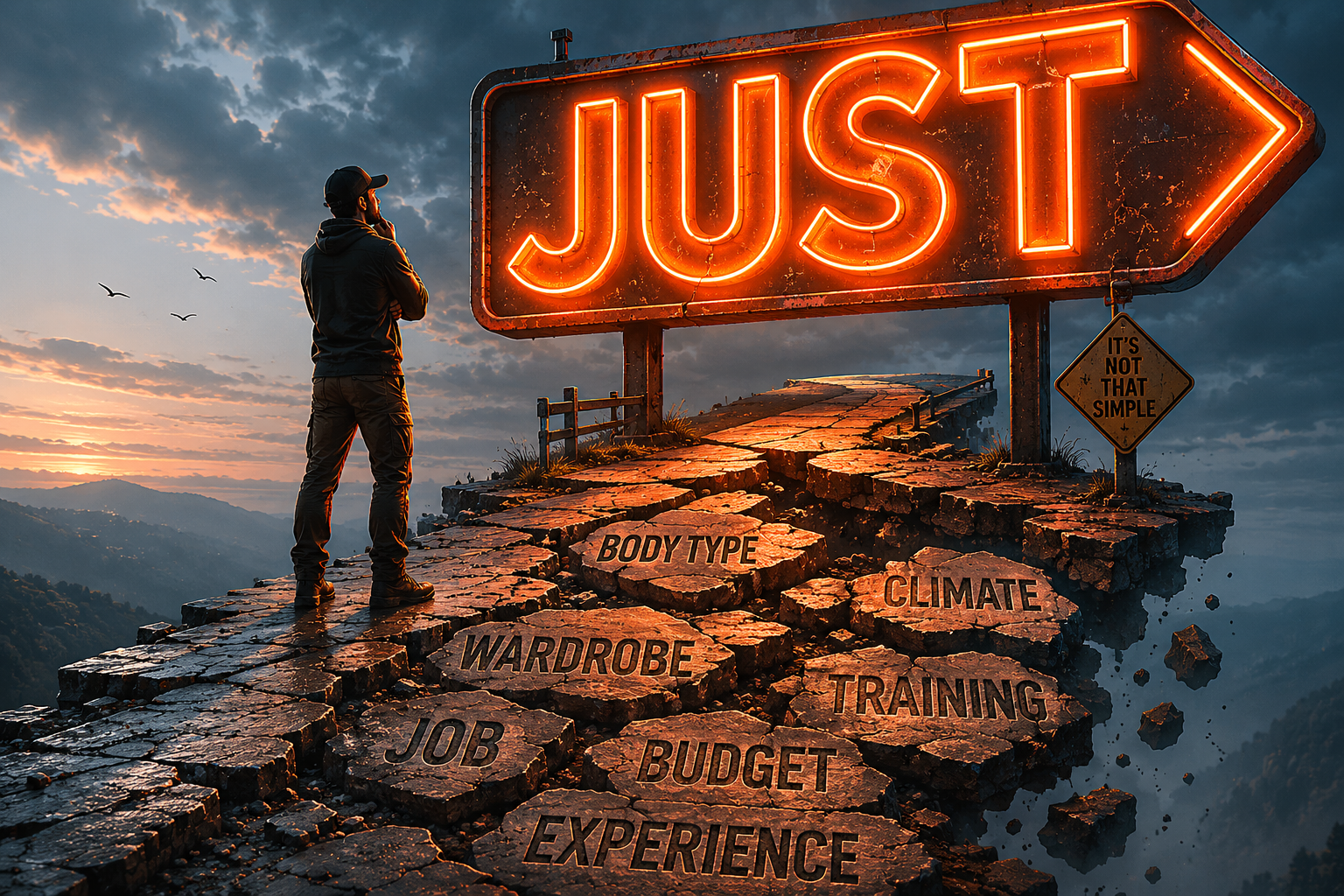 A figure in outdoor clothing pauses on a cracked stone mountain path to look up at a large glowing orange neon JUST sign with an arrow pointing right. The broken stones of the path are etched with words the sign is hiding: BODY TYPE, CLIMATE, WARDROBE, TRAINING, JOB, BUDGET, EXPERIENCE. A smaller yellow caution sign next to the JUST sign reads IT'S NOT THAT SIMPLE. Dusk sky, atmospheric haze.