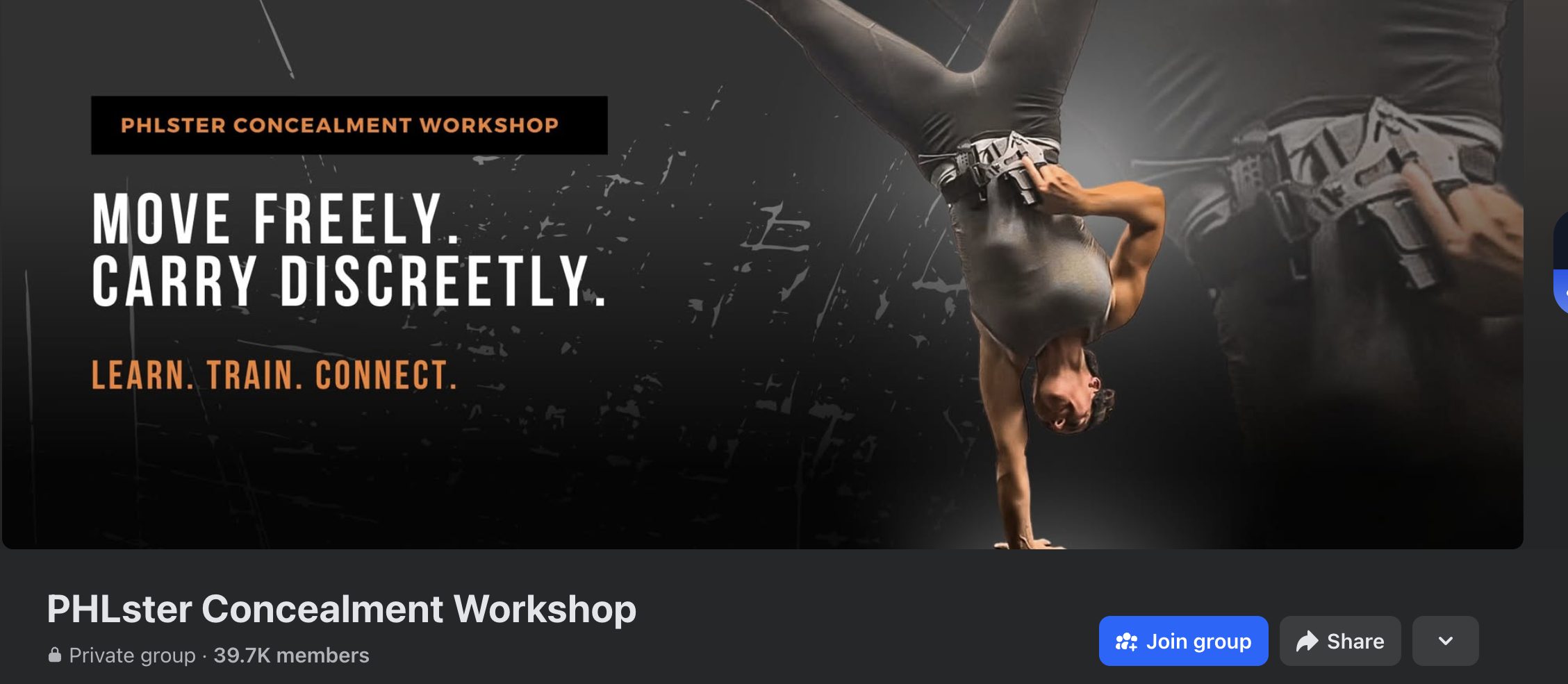 PHLster Concealment Workshop Facebook group banner showing 'Move Freely. Carry Discreetly. Learn. Train. Connect.' with nearly 40,000 members